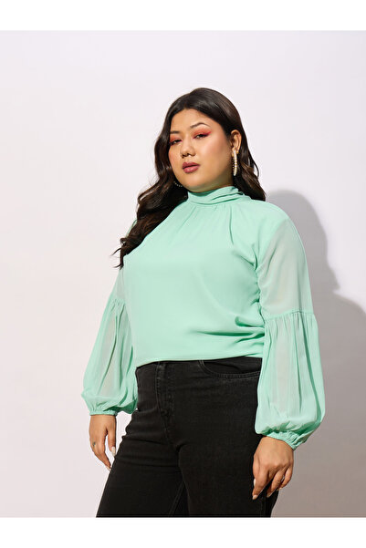 Sassafras By Styli Plus High Neck Top with Bishop Sleeve