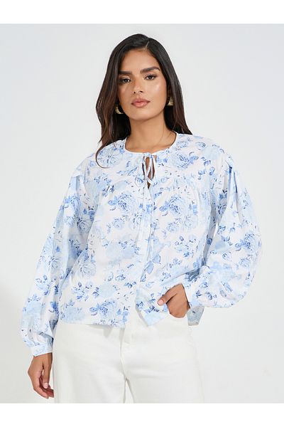 Styli Tie-Up Neck Floral Print Blouse