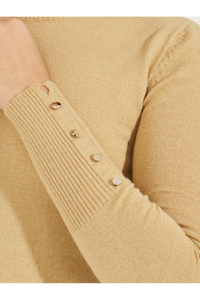 Styli Slim Fit Round Neck Sweater with Button Cuff Detail