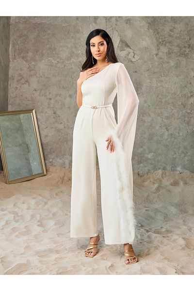 Styli Faux Fur Trim One Shoulder Sleeves Wide Leg Jumpsuit