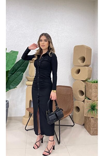 Viyamo Women's Ottoman Fabric Polo Collar Button Detailed Dress