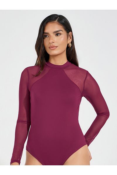 Styli High Neck Knit Bodysuit with Mesh Sleeves