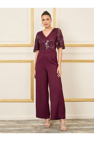 Styli Sequin Detail Mesh Insert Wide Leg Jumpsuit