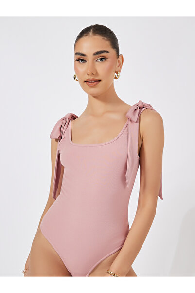 Styli Tie-Up Strap Rib Wide Neck Bodysuit