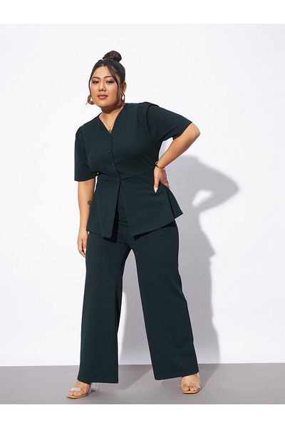 Sassafras By Styli Plus Front Button V Neck Top & Pants Co-Ords