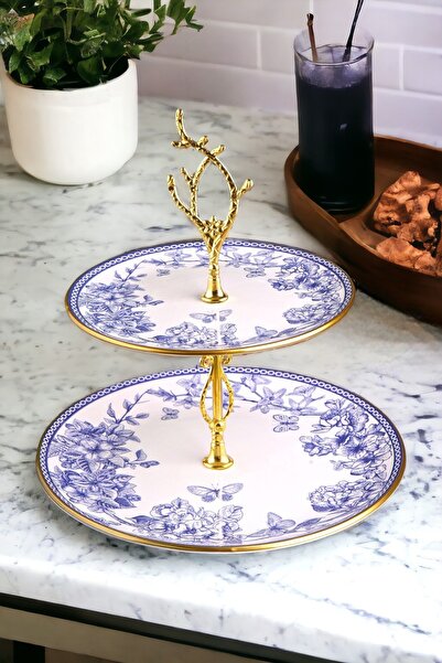Pinkev Blue Floral Ceramic Double Layer Kura Piped K Cake Presentation Plate Stand