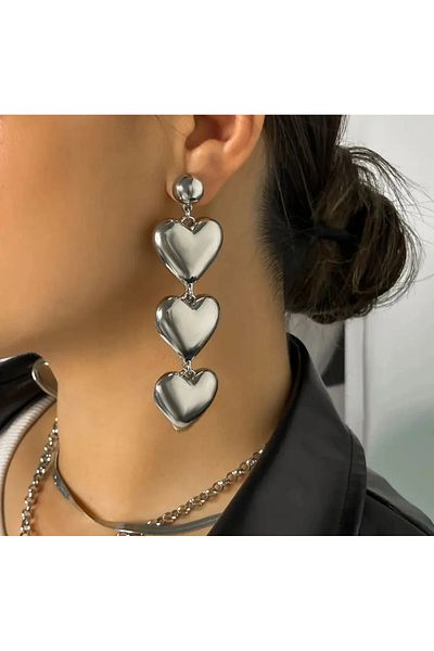 YASİN TOPÇU Steel Silver Dangle Heart Stylish Long Earrings
