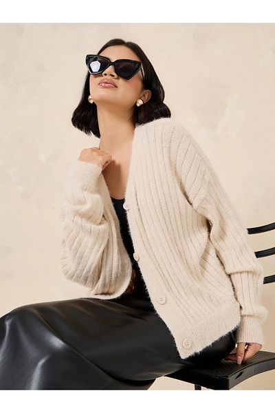 Styli Short Length Fuzzy Knit Button Down Cardigan