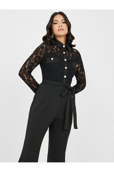 Styli Lace Detail Flared Leg Jumpsuit with Self Tie Belt