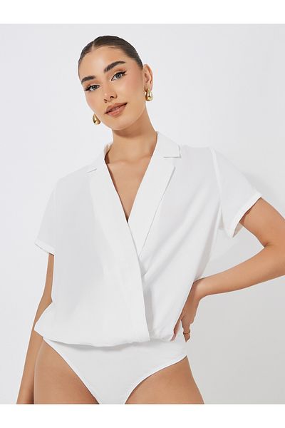 Styli Mock Wrap Bodysuit with Notch Lapel