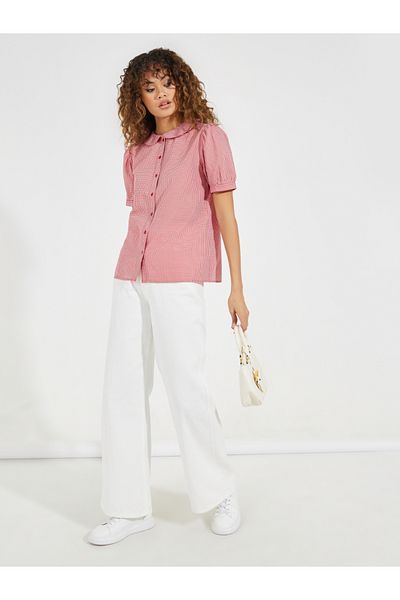 Styli Gingham Relaxed Fit Shirt with Puff Sleeves