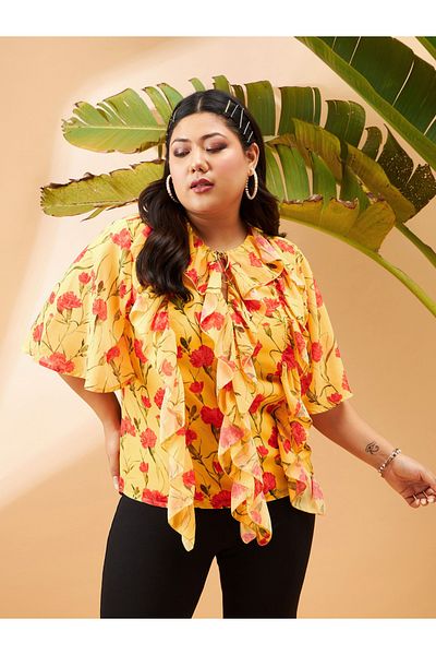 Sassafras By Styli Plus Floral Print Top with Tie-Up Neck and Ruffled Detail