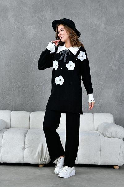 Miss Allos Set de tricotaje și pantaloni pentru femei, cu flori și decorațiuni din piatră, cu fundă și panglică