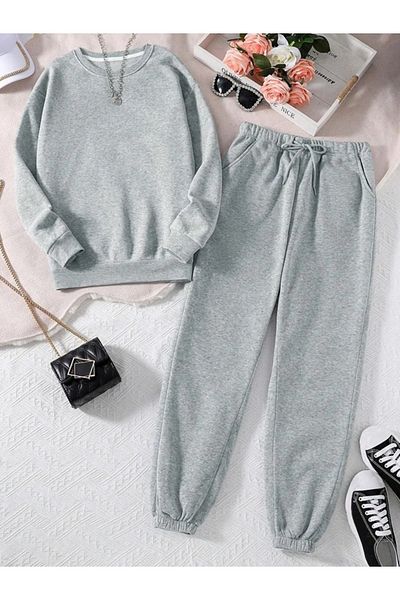 EXPECTED Unisex Crew Neck Two Thread Basic Tracksuit Set with Elastic Waist and Legs