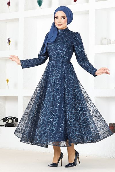 ModaMerve Navy Blue Tulle Evening Dress - Ygs6421 Model