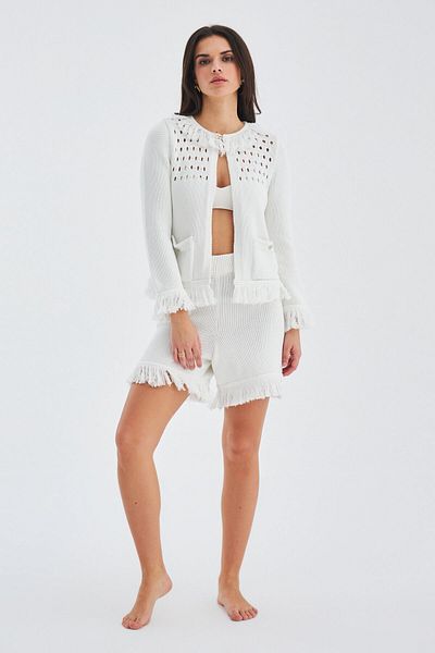 Peraluna Mıyoki Cardıgan & Shorts Set de tricotaje pentru femei din bumbac sezonier - alb