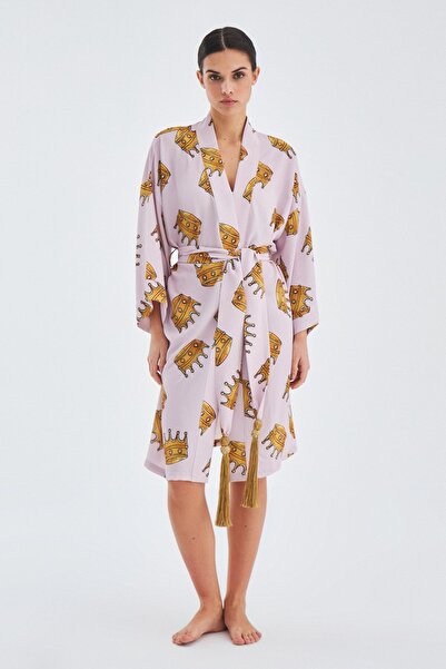 Peraluna Crown Kral Tacı Desenli Diz Altı Saten Kadın Kimono - Açık Lila/hardal