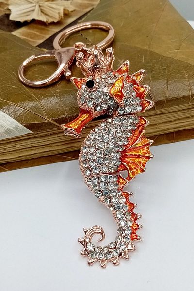 Dünyadan Hediyeler Orange Crystal Stone Seahorse Keychain