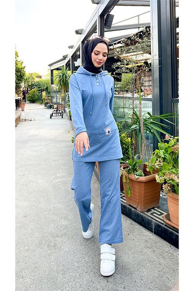 Bwest Hooded Snap Fastener Plain Basic Double Tracksuit Sports Set - 03036.004 - Blue