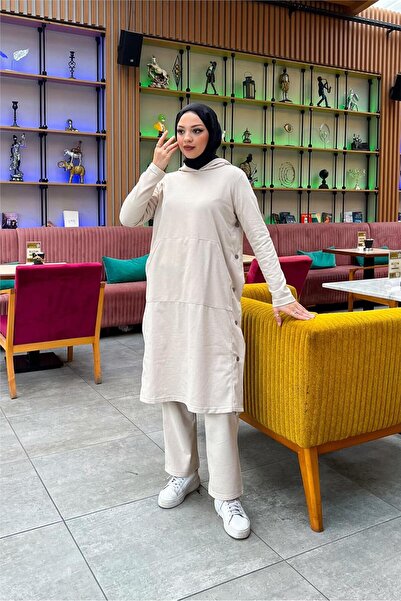 SEVDA Hooded Yandat Snap Fastener Plain Basic Long Tunic and Trousers Double Sports Set - 03071.027 - Ecru