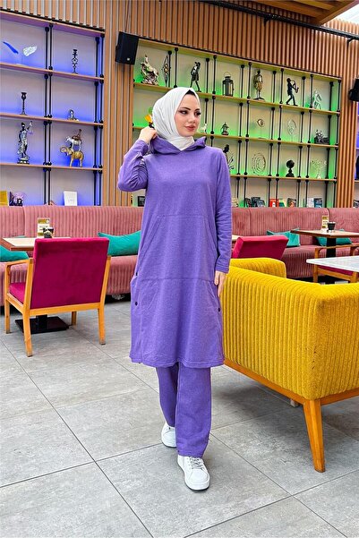 SEVDA Hooded Yandat Snap Fastener Plain Basic Long Tunic and Pants Double Sports Set - 03071.207 - Dark Lilac