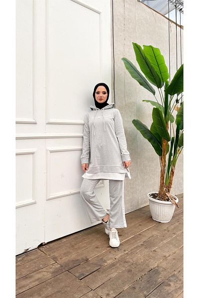 Bwest طقم بنطال رياضي وبدلة رياضية بغطاء للرأس مطبوع عليه نص - 03080.008