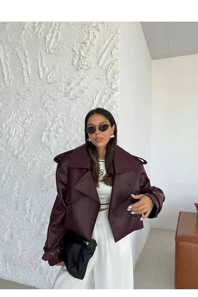 candybia Premium-Trend-Luxus-Bikerjacke aus bordeauxrotem Kunstleder für Damen