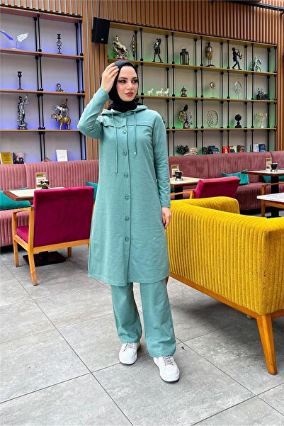 SEVDA Hooded Buttoned Plain Basic Long Tunic and Trousers Double Sports Set - 03072.100 - Green
