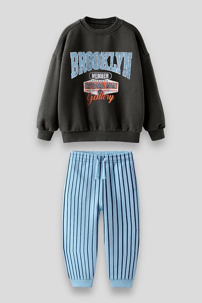 Lolliboomkids Boys' Brooklyn Patterned Slogan Winter 3 Thread Cotton Sweatshirt Tracksuit Top and Bottom Set