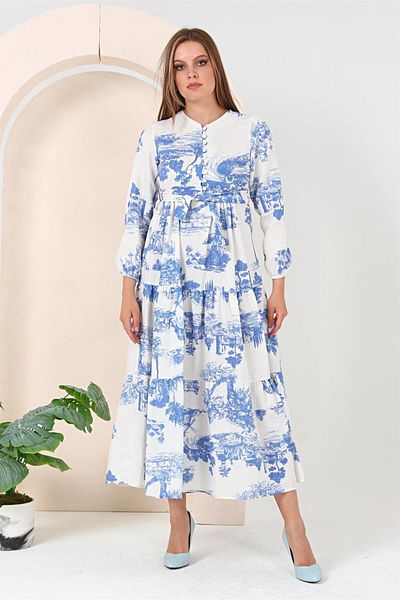 Bwest Patterned Linen Dress - Tree Blue - Bwest