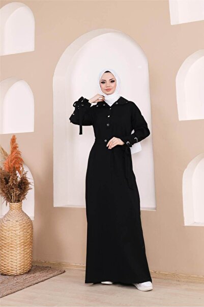 Bwest Μακρύ φόρεμα με λεπτομέρεια με κούμπωμα στη μέση και λωρίδα με μανίκια - (38-46) - 71183 - Μαύρο