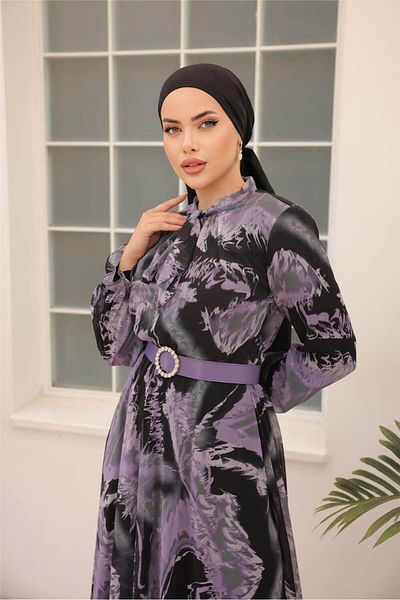 Bwest Black Print Buckle Belt Long Chiffon Dress - 50005.013 - Purple