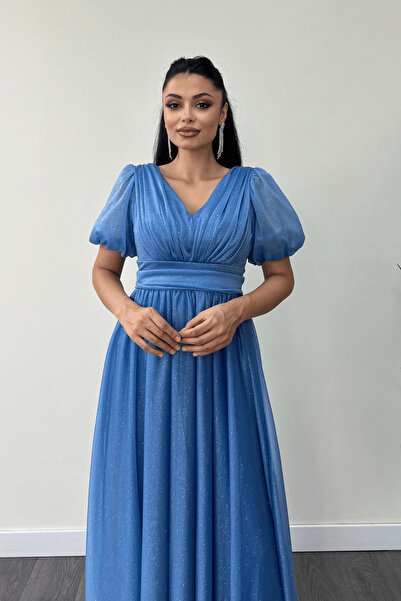 giyimmasalı Tylové třpytivé tkaniny Gather Detailed Midi šaty - Indigo