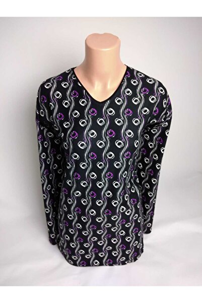 YAŞAR TRİKO Kadın Siyah Mor  Desenli V Yaka Uzun Kollu Yanları Yırtmaçlı Mevsimlik Süet Anne Penye Tişört Bluz