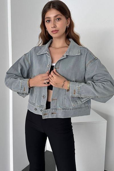 Fav Style Gray Oversize Women's Denim Jacket - Double Pockets