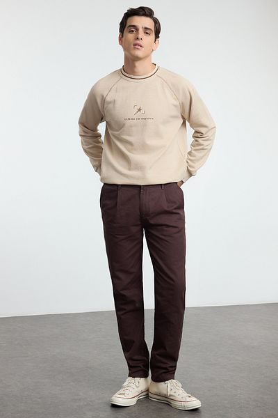 Trendyol Collection Καφέ 100% βαμβακερή μπαταρία Λεπτομερές ελαστικό παντελόνι μέσης Chino TMNAW25PL00010