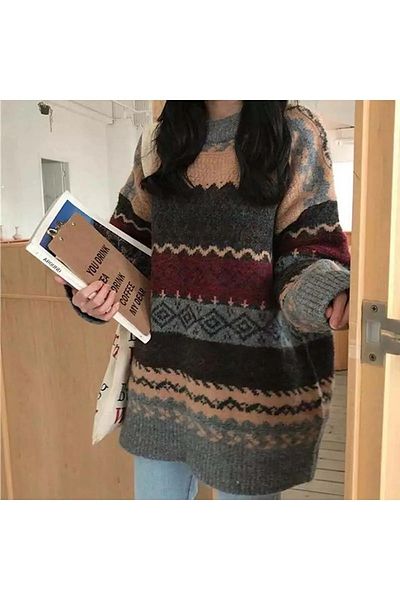 Köstebek Nálada Vintage Stripe Detail Etnický vzorovaný oversize svetr