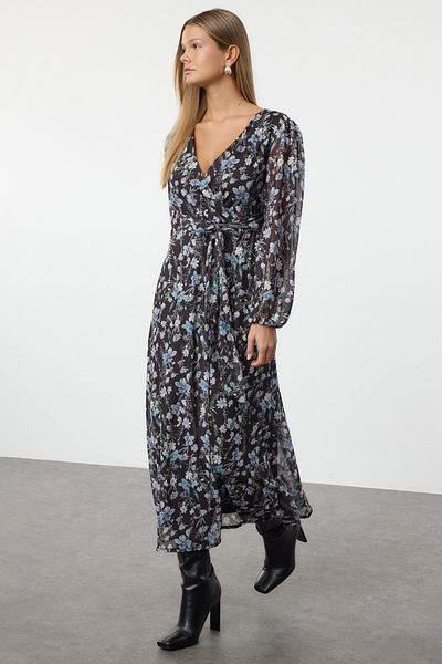 Trendyol Collection Multicolored Floral Balloon Sleeve Midi Knitted Dress Twoaw25El00454