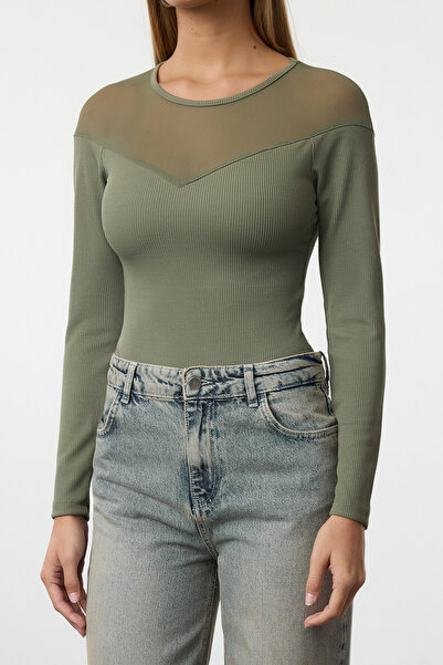 Trendyol Collection Flexible Corded Khaki Body - Tulle Detail with Snap Fasteners, Heart Collar Twoaw24Bd00019