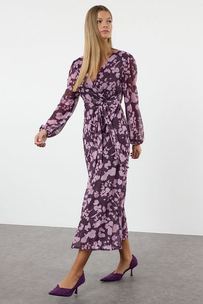 Trendyol Collection Ροζ φλοράλ μανίκι μπαλόνι Midi πλεκτό φόρεμα TWOAW25EL00454