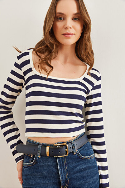 Olalook Γυναικεία ελαστική μπλούζα με χοντρή ριγέ μπλε ναυτική τετράγωνη λαιμόκοψη BLZ- 19002770