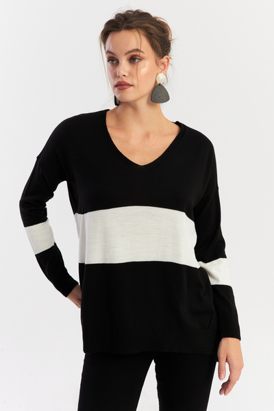 Cool & Sexy V-Neck Black-White Knitwear Women's Blouse - Yi̇l555