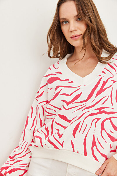 Olalook Silná dámská mikina s fuchsiovým výstřihem do V se vzorem Zebra - Swt- 19000677