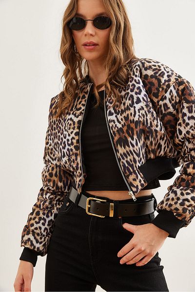 Olalook Černá bunda Crop Puffer s leopardím vzorem - Mnt- 19000043