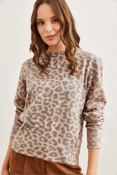 Olalook Mintfarbener Premium-Strickpullover mit Leopardenmuster – Rundhalsausschnitt, weiche Textur KZK- 19000611