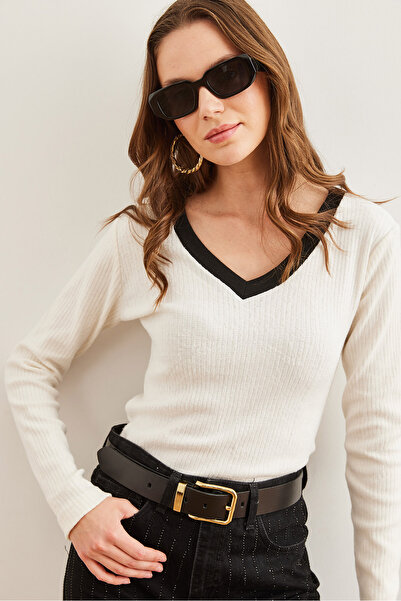 Olalook Γυναικεία λευκή μαύρη λαιμόκοψη Λεπτομερής μπλούζα Raised Lycra BLZ- 19002746