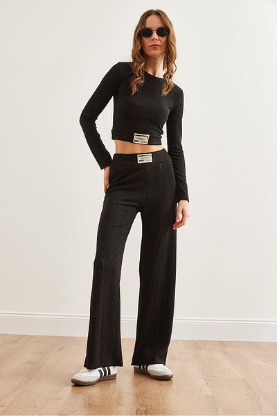 Olalook Women's Black Textured Embroidered Bottom Top Draped Suit Tkm- 19000314