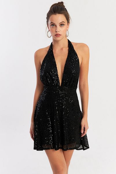 Cool & Sexy Schwarzes, rückenfreies, mit Pailletten gefüttertes Mini-Weihnachtskleid für Damen DCF046