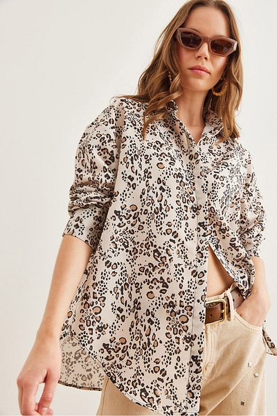 Olalook Damen Tiny Leopard Ecru Popeline-Hemd mit versteckter Knopfleiste GML- 19000867