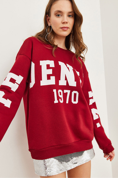 Olalook Γυναικείο φούτερ με ανάγλυφο μπορντό στάμπα Oversize SWT- 19000675